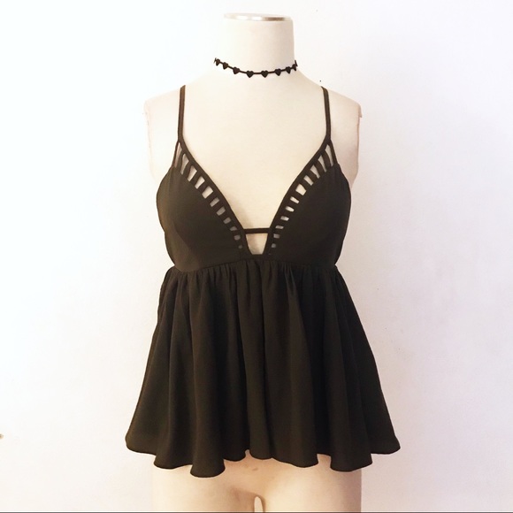 Tops - Cutout Low Cut Open Back Cross Strap Flared Top